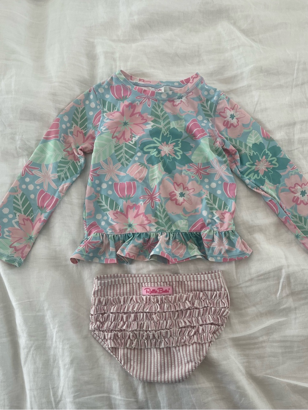 Ruffle-Trim Floral Rash Guard Set - Pink, Mint, Teal